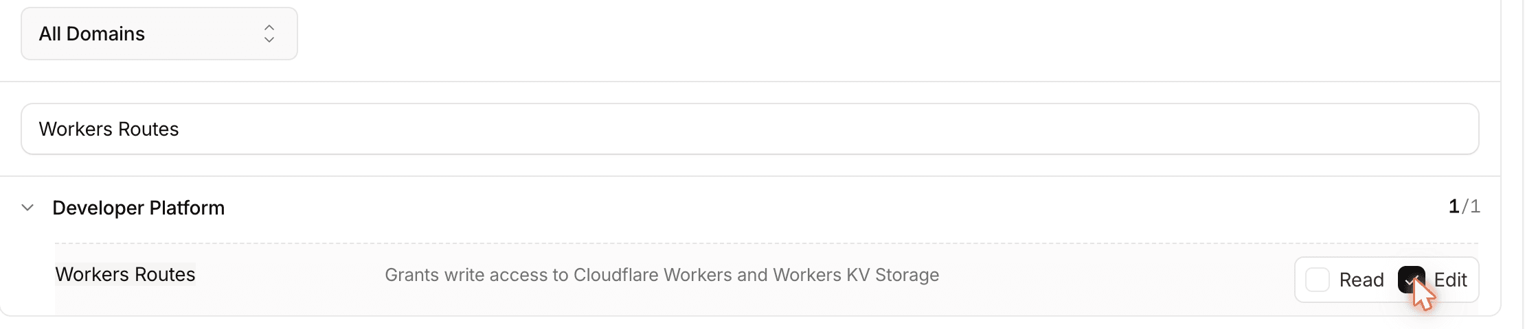 All Domains policy with Workers Routes set to Edit