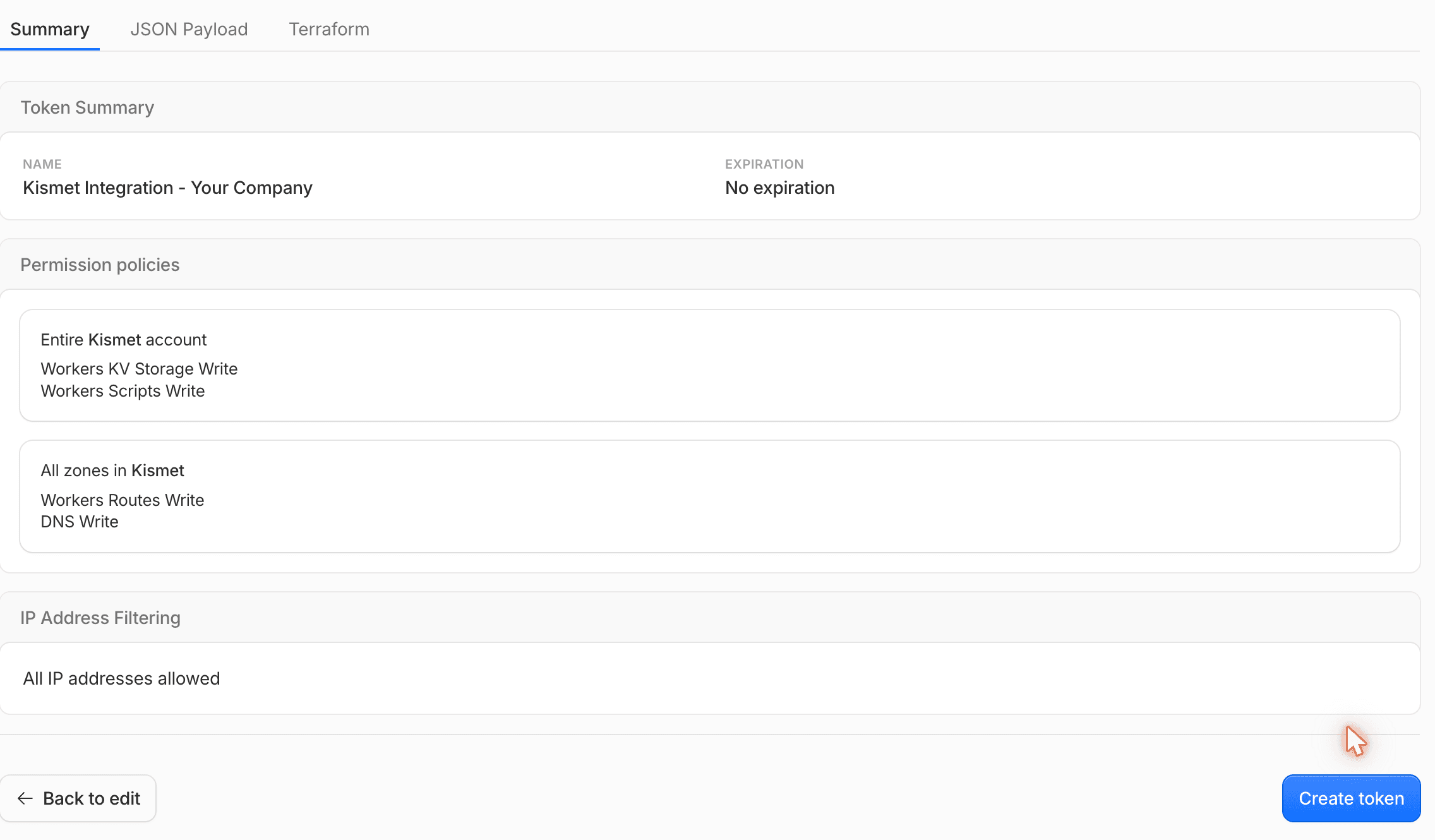 Cloudflare review screen showing both permission policies and No expiration