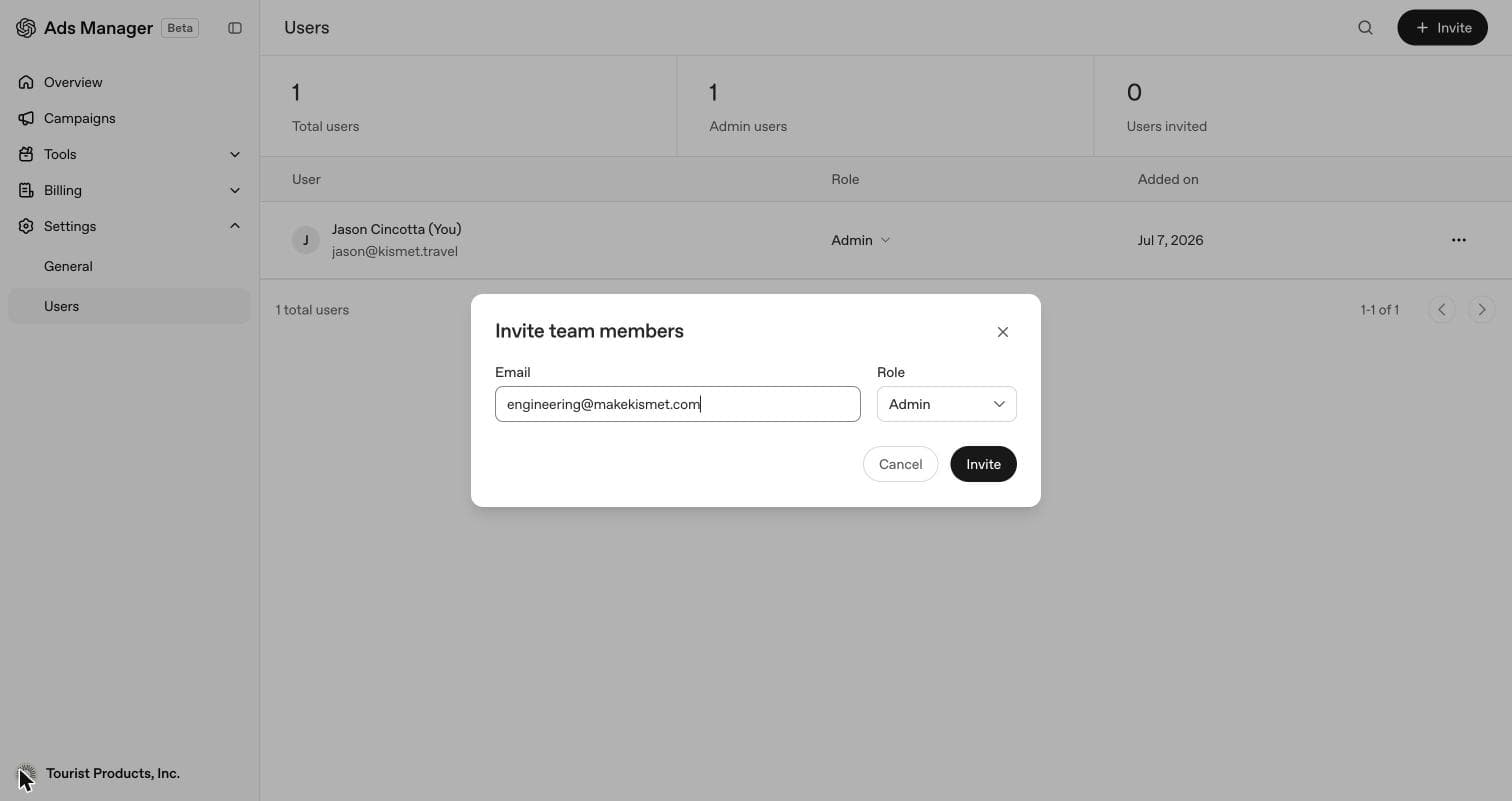 The invite modal with the Kismet email and the Admin role selected